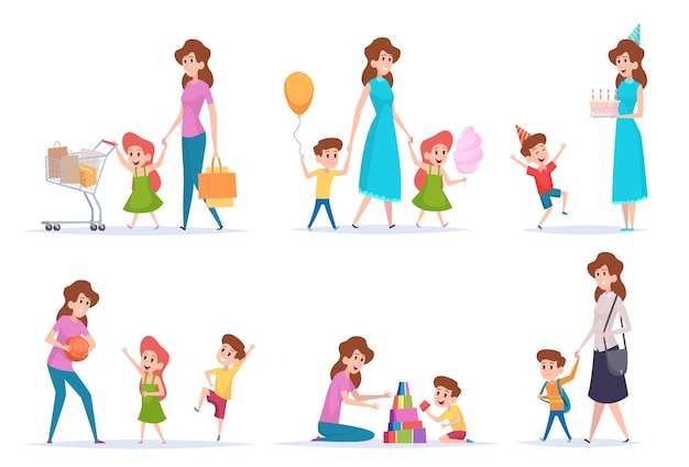 Moeder met kinderen. gelukkige kinderen brengen tijd door met liefde mama exacte vector ouders karakters cartoon. moeder ouder besteden met kinderen illustratie