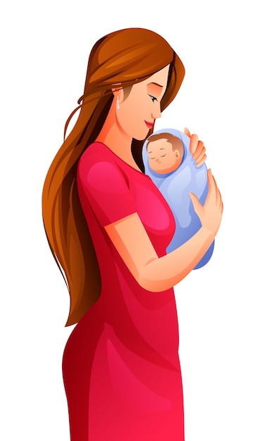 Vector moeder met pasgeboren baby in haar armen vector cartoon illustratie