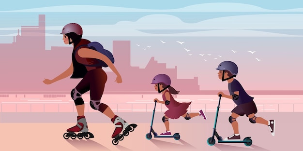 Vector moeder op rolschaatsen met kinderen op scooters rijden langs de stadsdijk