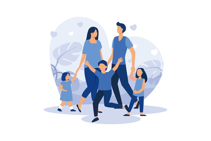 Vector moeder vader met dochter zoon hand in hand platte moderne ontwerp illustratie
