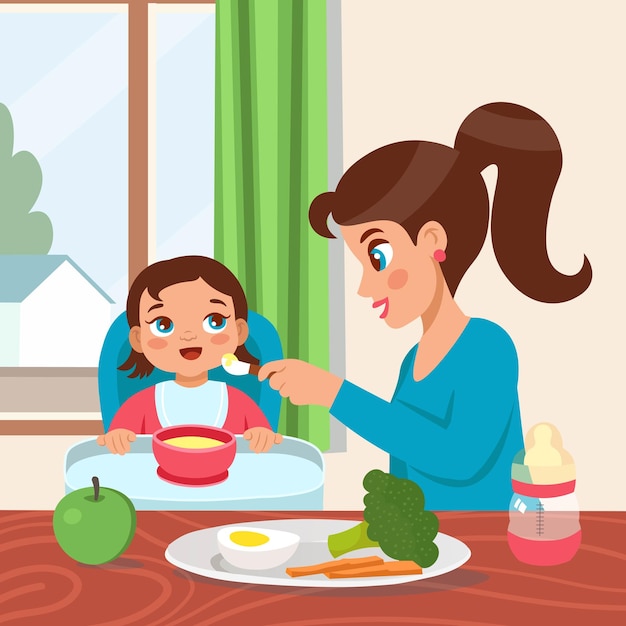 Moeder voedt haar baby met een lepel Kind leert eten met een lepel Voedende babypap zittend