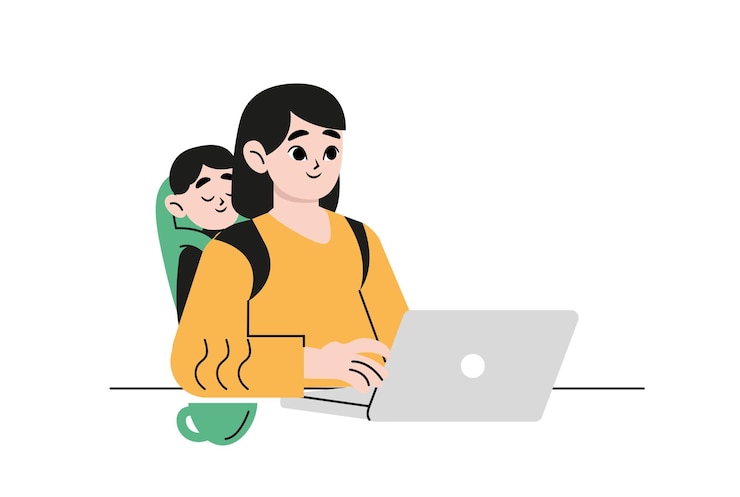 Moeder werkt vanuit huis. Werkende moeder, gelukkige drukke freelancer die baby vasthoudt. Vrouw zitten computerbureau