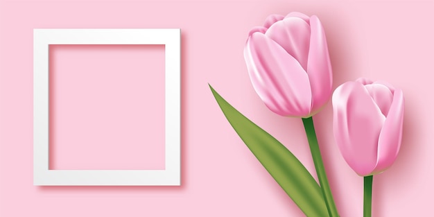 Moederdag mock up Leeg frame en roze tulpen op een roze achtergrond Vector