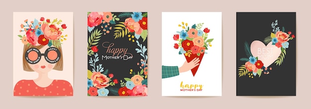 Moederdag mooie wenskaart set. lente happy mother day vakantie banner met bloemen, moeder karakter met boeket voor flyer-sjabloon, schattige poster. vector illustratie