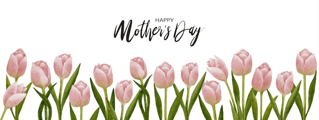 Moederdag wenskaart met roze tulpen aquarel grens op witte backgroundvector illustratie horizontale achtergrond van schattige bloeiende lente flora frameFlat design banner van mooie botanische