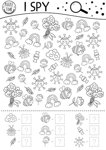 Moederdag zwart-wit ik bespioneer spel voor kinderen Zoek- en tellijnactiviteit of kleurpagina voor kleuters met vakantievoorwerpen Grappig lente-afdrukbaar werkblad voor kinderenxA