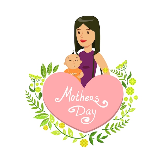 Moederdagkaart sjabloon Mooie moeder met haar baby Bloemenframe en plaats voor tekstvectorillustratie op witte achtergrond