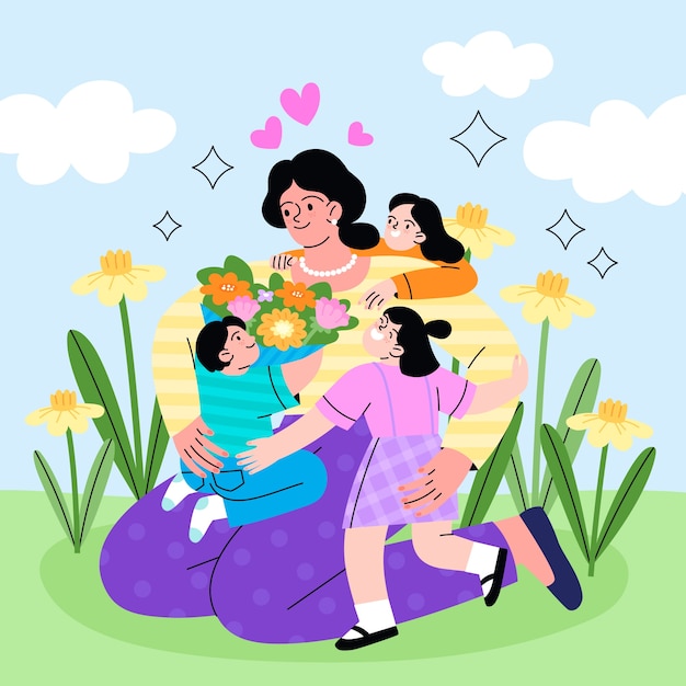 Moederdagviering met kinderen en bloemen