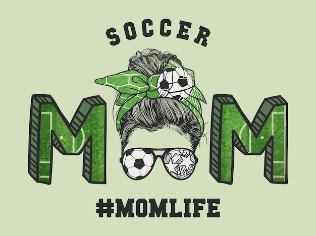 Moederleven met rommelig knotkapsel met voetbalhoofdband en bril met de hand getekende vectorillustratie