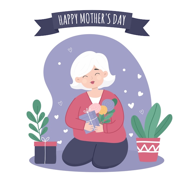 Vector moedersdag kaartje met schattige cartoon bejaarde vrouw met cadeau doos en bloemen