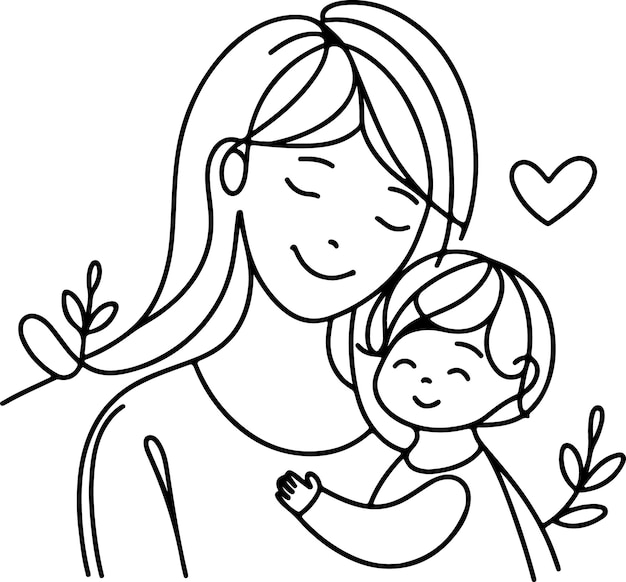 Moedersdag lineart vector Eén lijn tekening Vrouw houdt haar baby vast Vector illustratie