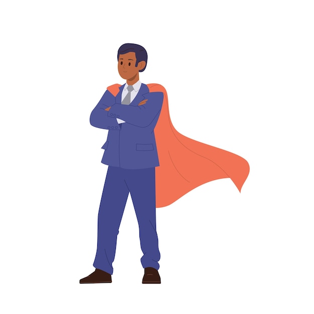 Moedige zakenman superheld cartoon personage in rode cape en formeel pak met armen gevouwen op de borst staand geïsoleerd op wit Krachtige zelfverzekerde kantoorwerker of werknemer vector illustratie