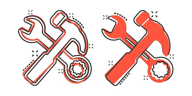 Moersleutel en schroevendraaier pictogram in komische stijl Spanner key cartoon vectorillustratie op witte geïsoleerde achtergrond Reparatie apparatuur splash effect bedrijfsconcept