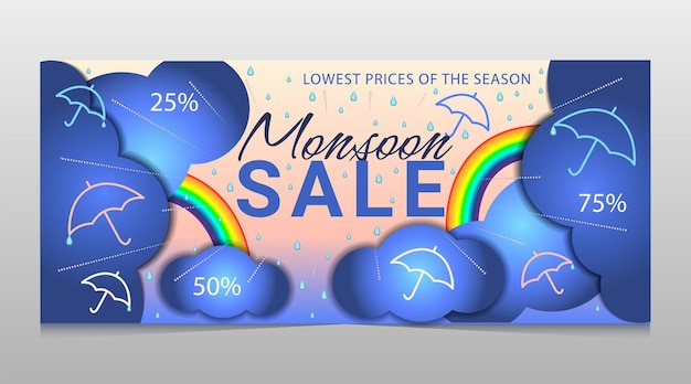 Moesson sale aanbieding banner sjabloon kop met wolken regenboog en paraplu op verloop achtergrond