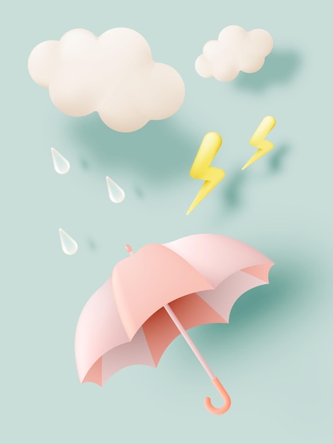 Moessonseizoenpictogrammen met paraplu-regendruppelwolk en verlichtingsflits in pastelkleurenschema.