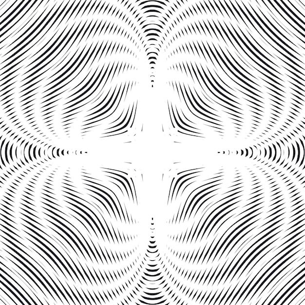 모아레 패턴, 옵 아트 배경입니다. 기하학적 검은 선이 있는 최면 배경입니다. 추상적인 벡터 타일링입니다.