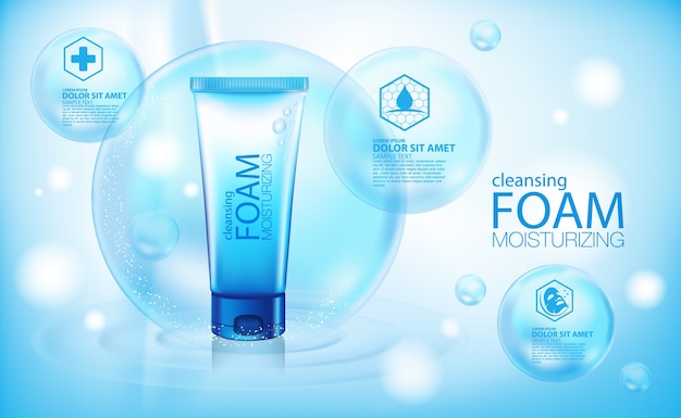 Moisturizing Essence cosmetic products ad, light blue bokeh background with beautiful containers vector illustration