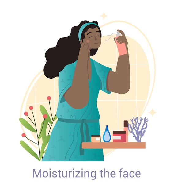 Moisturizing skin of face concept woman applies spray for rejuvenation toning and nutrition