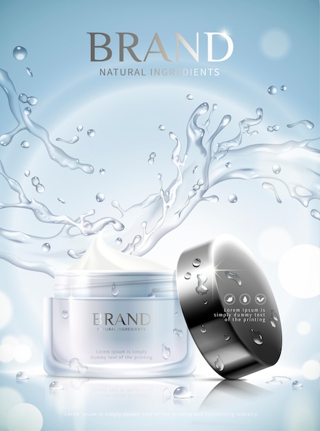 Vector moisturizing skincare ads with cream jar and splashing aqua effect on glittering blue background, 3d illustration