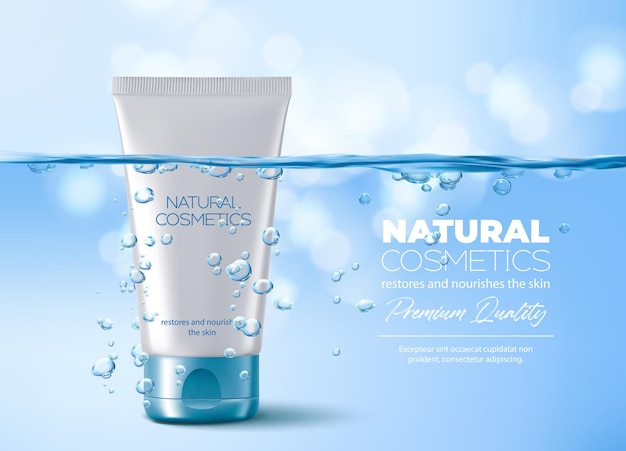 Moisturizing water cosmetics hydration micellar cream tube in blue water with air bubbles vector realistic face cream skincare gel or makeup cosmetic package under the water surface promo poster