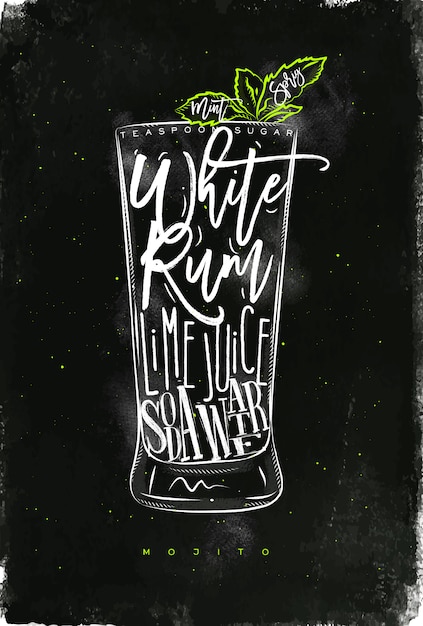 Mojito cocktail lettering teaspoon sugar, white rum, lime juice, soda water in vintage graphic style drawing with chalk and color on chalkboard background