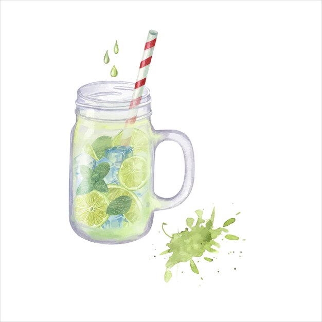 Vector mojito cocktail step by step lime slice mint ice cubes drinking straw glass jar tonic drops preparation instruction step 4 watercolor illustration