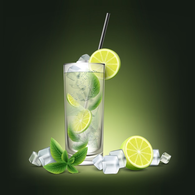 Mojito cocktail with fresh sliced lime, ice cubes, mint sprig and black straw tube isolated on black background