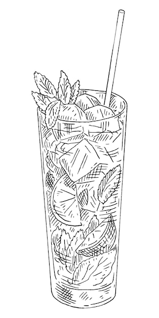 Cocktail mojito con lime e menta in bicchiere highball. il vettore dell'annata incide l'illustrazione nera monocromatica. isolato su sfondo bianco. covata disegnata a mano