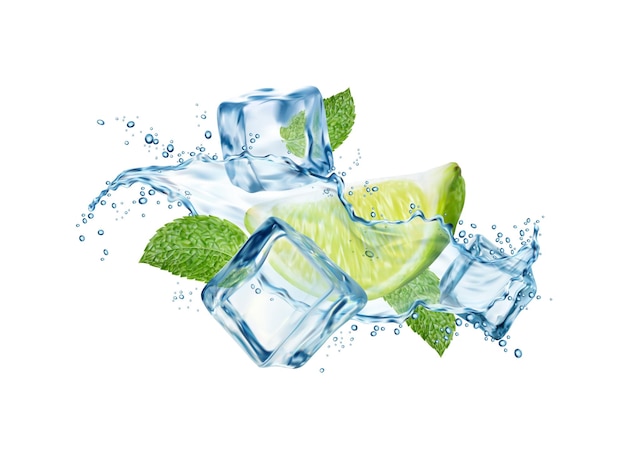 Mojito drink golfplons met limoenijsblokjes waterwerveling en muntblaadjes Realistische 3D-vector drankexplosie met schijfje citrus waterdruppels pepermunt en bevroren ijzige blokken koude cocktailstroom