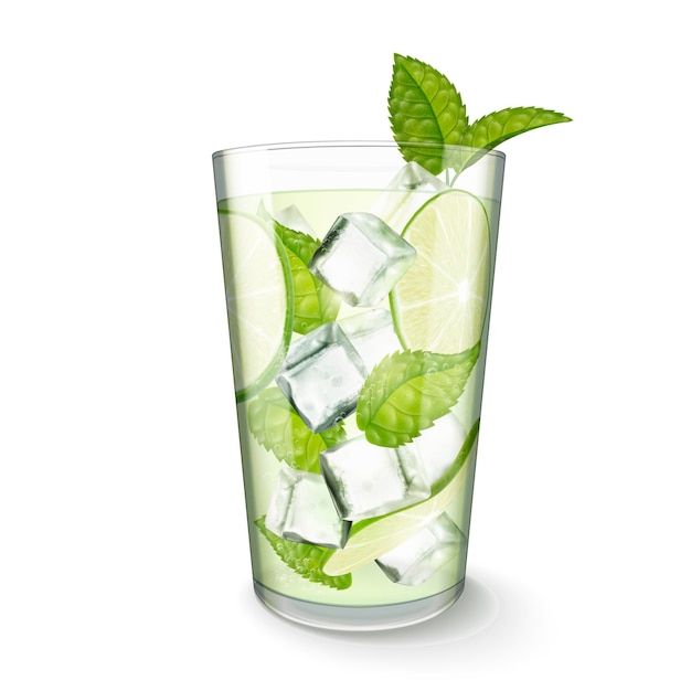 Напиток мохито в стеклянной чашке на белом фоне в 3d иллюстрации