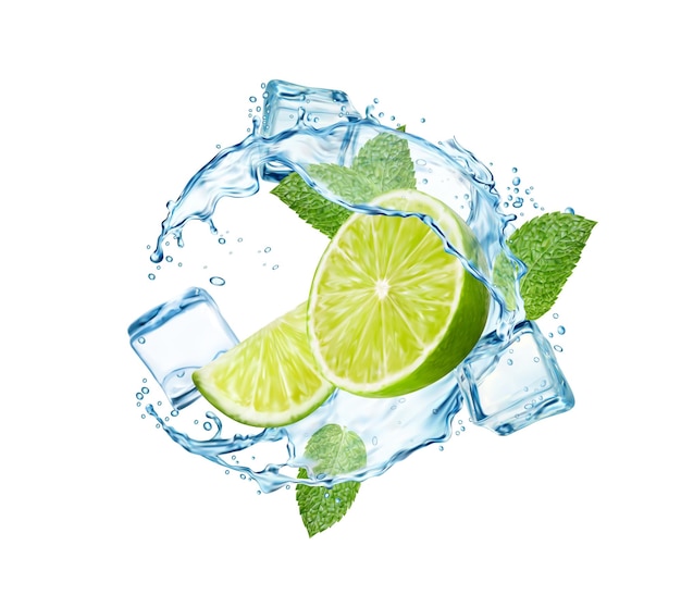 Vettore bevanda mojito spruzzare acqua con cubetti di ghiaccio di lime