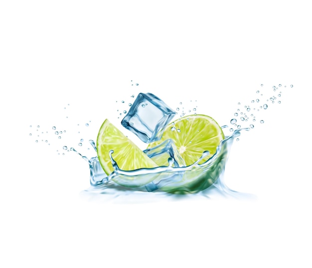 Mojito lemonade drink Corona water splash with lime leaves and ice cubes Refreshing mojito drink lemonade summer beverage or cocktail with icecube pure water vector splatter splash and drips