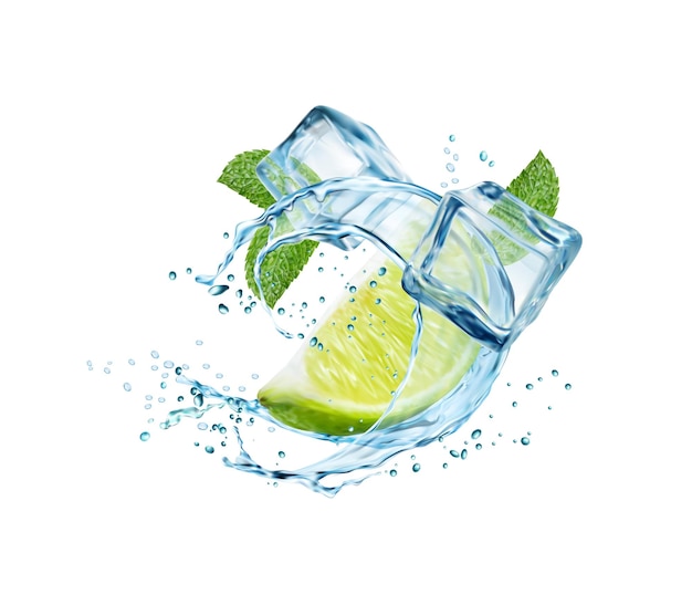 Mojito of limonadedrank Swirl waterplons met limoenblaadjes en ijsblokjes 3D-vector stukjes citrusvruchten muntdruppels en bevroren blokken Realistische vloeistofstroom thee cocktail verfrissende drank