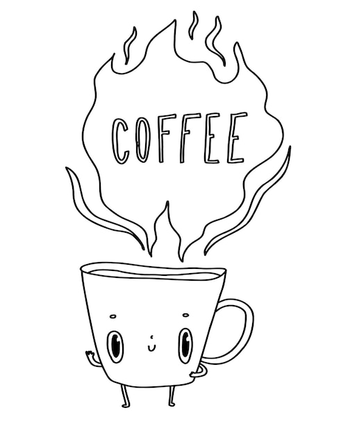 Mok met gezicht cute doodle koffie briefkaart poster achtergrond hand getrokken vectorillustratie