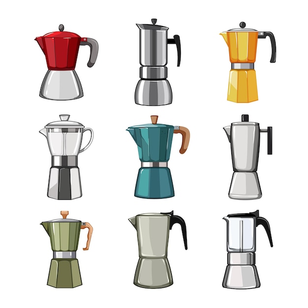 Moka pot coffee set cartoon vector illustration