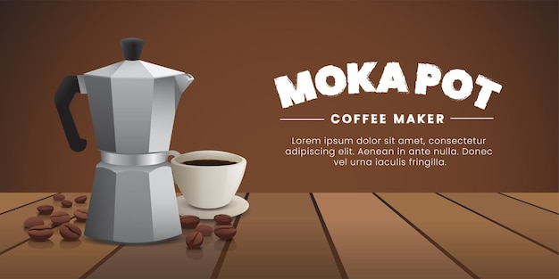 Moka, caffettiera con tazza di caffè e chicchi di caffè sulla tavola di legno.