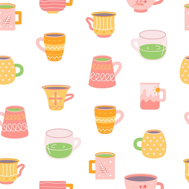 Mokken met drankjes thee en koffie op witte achtergrond vector naadloze patroon in platte hand getekende stijl