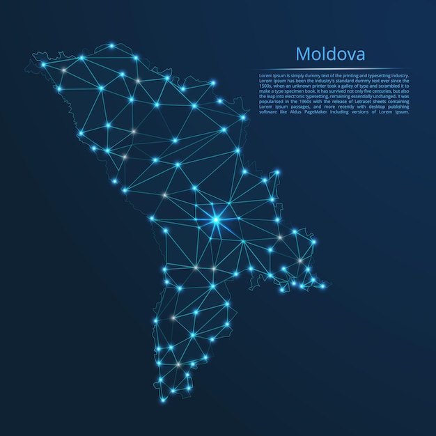 Mappa della rete di comunicazione della moldavia immagine vettoriale low poly di una mappa globale con luci