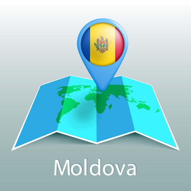 Moldova flag world map in pin with name of country on gray background