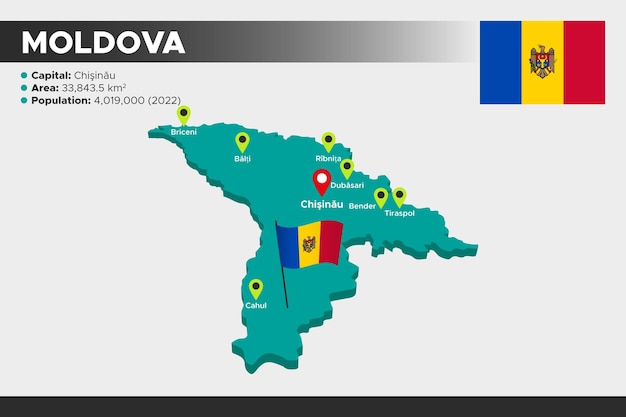モルドバ等角3dイラスト地図旗の首都エリア人口とモルドバの地図