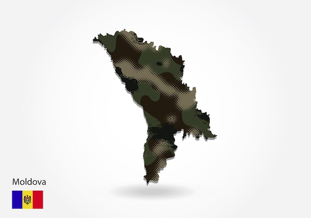 Moldova map with camouflage pattern forest green texture in map military concept for army soldier and war coat of arms flag