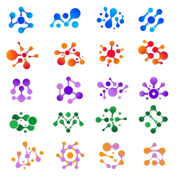 Moleculaire explosie. ronde vormen water inktdruppels wetenschappelijke logo medische genetische biologie modellen ingesteld. illustratie dna en structuur chemiemolecuul