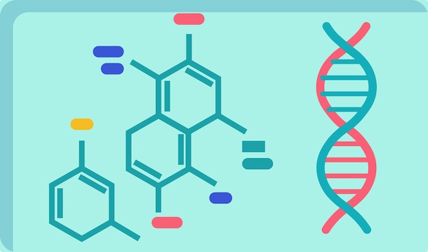 Moleculaire structuren naast dna-helix voor wetenschap concept kleurrijke platte ontwerp chemie en