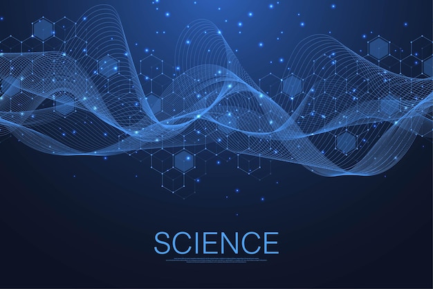 Moleculaire structuur achtergrond. Wetenschap sjabloon behang of banner met een DNA-moleculen. Asbtract molecuul achtergrond met zeshoeken, golfstroom. Vector illustratie.
