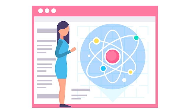 Molecular atom and the scientist woman The structure of the smallest particle on the poster