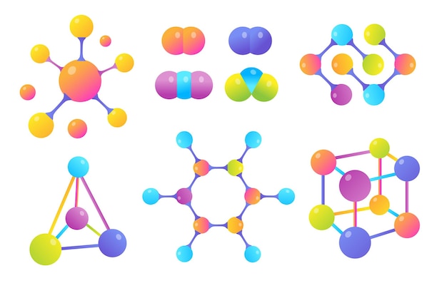 Molecular structures illustrations set. different shapes or models of connected molecules for scientific research