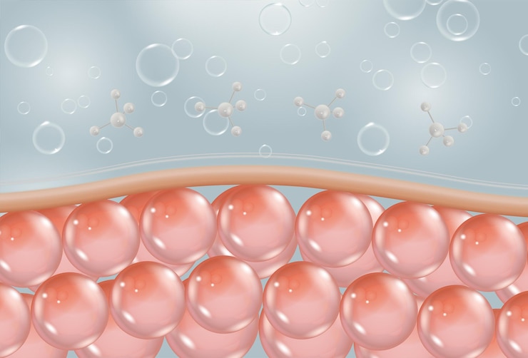 Вектор molecule and bubble background concept cosmetics solution water and vitamin drop on skin cell