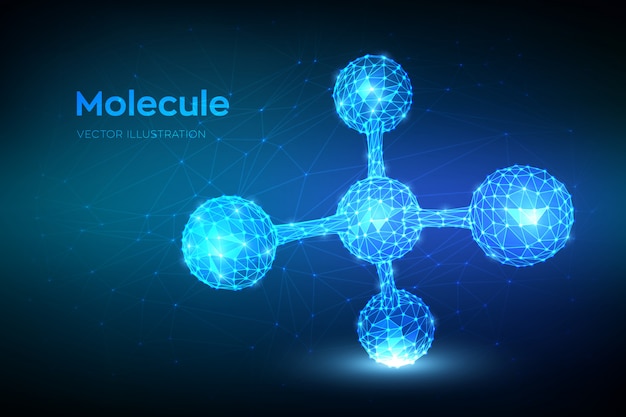 分子構造。低多角形の抽象的な分子。 dna、原子、ニューロン。