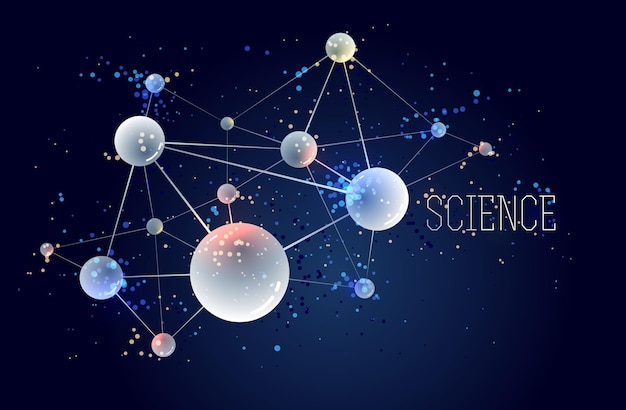 Moleculen en atomen vector abstracte achtergrond, wetenschap chemie en natuurkunde thema illustratie, micro en nano onderzoek en technologie thema, microscopisch kleine deeltjes.