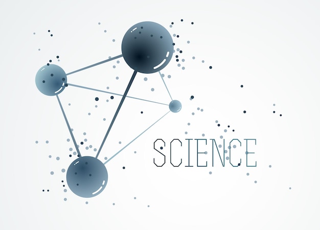 분자 벡터 추상 배경, 3d 차원 과학 화학 및 물리학 테마 디자인 요소, 원자 및 입자 마이크로 나노 과학 그림.